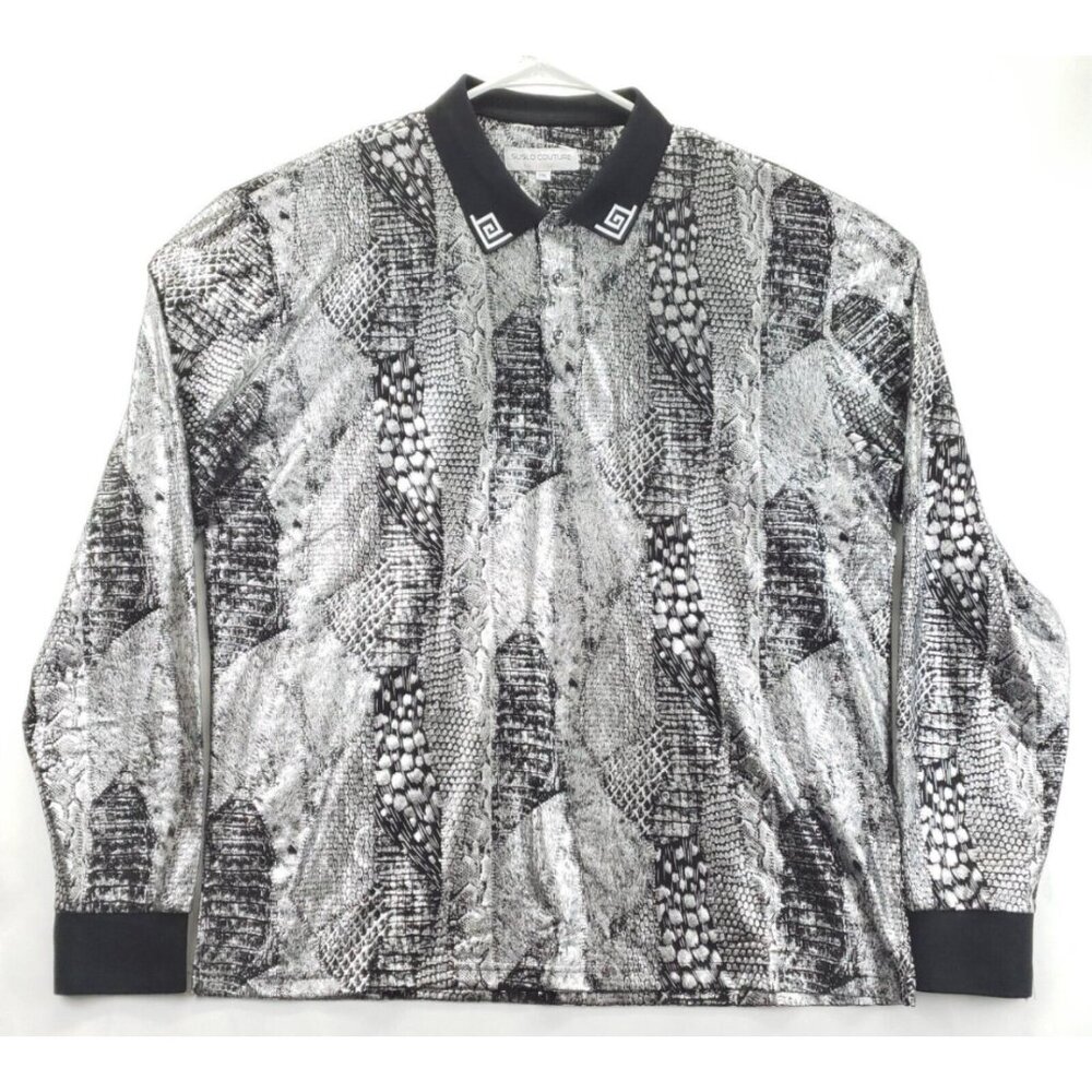 Suslo Couture Polo Shirt 2XL Black White Textured Silver Stretch Classic